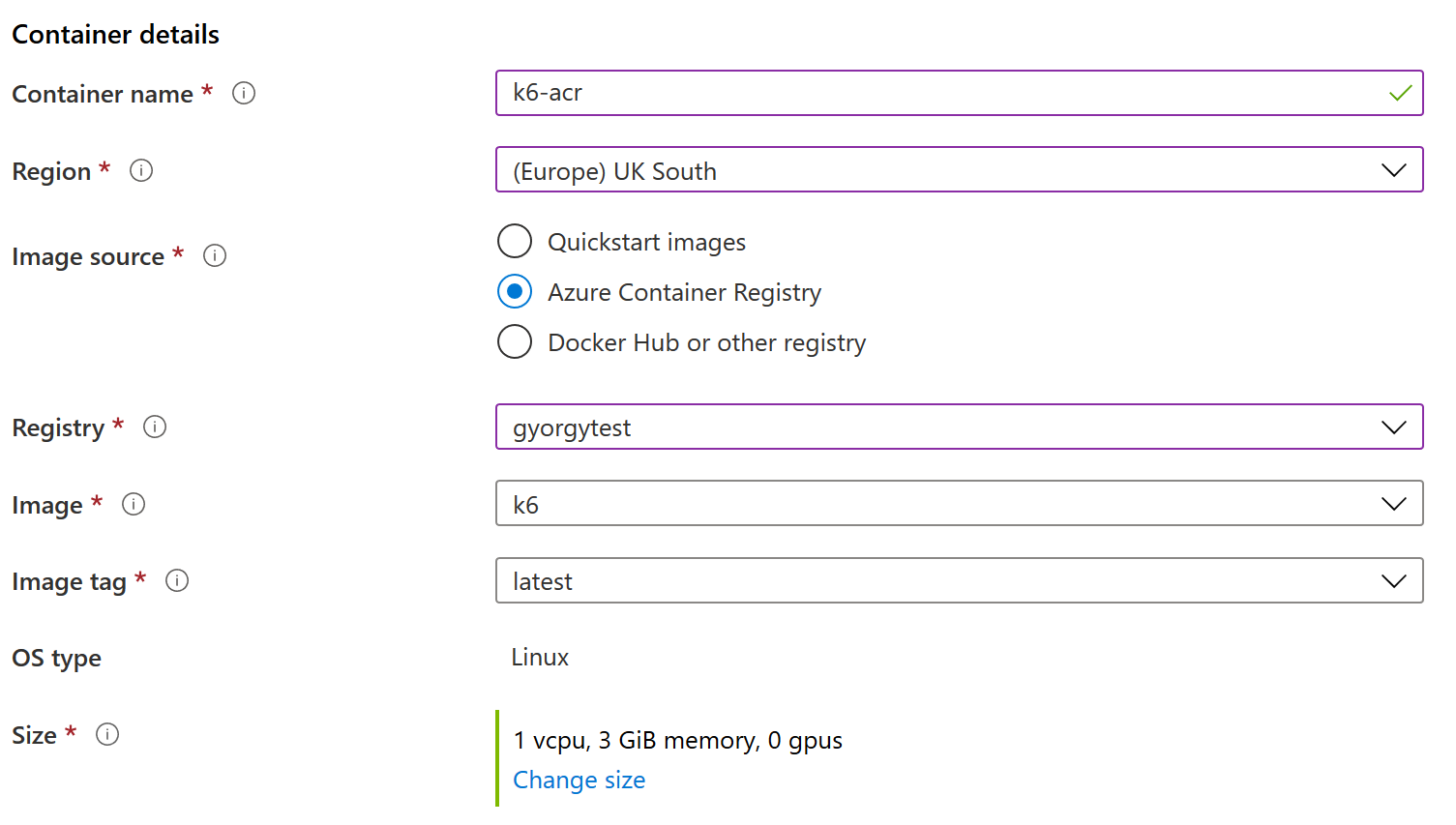 ACI Setup on Azure for Custom k6 Test - Image from ACR